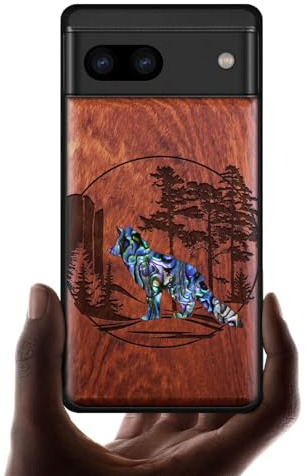 Carveit Designer Wooden Case for Google Pixel 8a Case Cover [Wood Engraving & Shell Inlay] Compatible with Wireless Chargers Pixel 8a Case (Fox and woods-Red Wood)