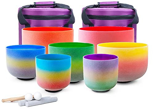 Cuarzo Cristal Cuencos Cantores Mazos, Frosted, 7pcs 12C 11D 10E 9F 8A 7G 6B, 6-12 Inch Set, For Meditation, Body Healing, Yoga, With Suede Striker, Rubber Mallet, O-Ring