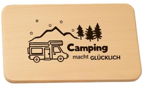 DwieDeko Frühstücksbrettchen aus Holz mit Gravur „Camping macht glücklich“, Camper Geschenk & Wohnmobil Geschenk