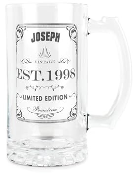 Purely Home Personalised Birthday Glass Stein Gift - Vintage Beer Glass Present - 450ml Drinking Cup/Tankard Mug with Handle Gifts for Birthdays