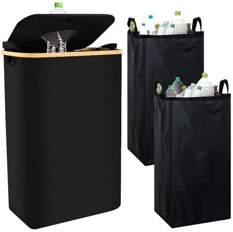 SEATOGEM Pfandflaschen Sammelbehälter 100L, Pfandflaschen Aufbewahrung mit Deckel, Müllsackständer Mit Zwei Innentaschen für Flaschensammler Leergut, Schwarz