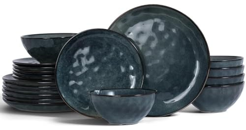 Richmount Ocean 18 Piece Dinner Set, Stoneware 3D Wave Relief Irregularly Shaped Plates and Bowls Set, Reactive Glaze Dinnerware Sets for 6, Dishwasher & Microwave Safe, Stylish & Durable, Moss Green