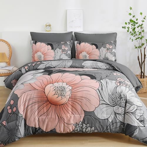 Xruibed King Comforter Set 7 Pieces Grey Floral Comforter Set King Size Bed in a Bag Flower Bedding Sets Lightweight Boho Bed Set with Sheet,Pillowcases&Shams for All Season