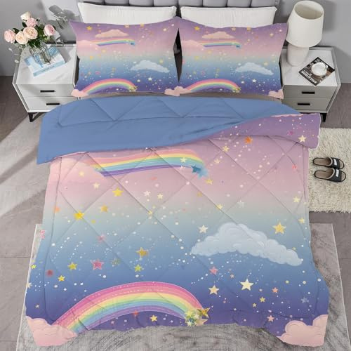 PNHCL Rainbow Single Duvet, Girl Boy Coverless Duvet Single, Reversible Space Quilt for All Seasons, Soft Washable Comforter for Kids Bedroom Decor, Pink