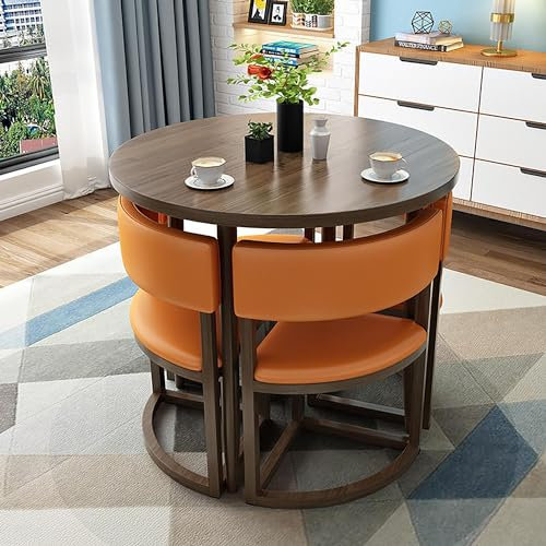 Rundes Konferenztisch- und Stühle-Set, 5-teiliges Esszimmer-Set für kleine Räume, in Lederfarbe, Metallrahmen, Küchen-Esstisch-Set für 4 Personen