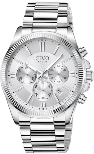 CIVO Uhren Herren Chronograph Edelstahl: Silber Armbanduhr Analog mit Datum | Wasserdicht Quarz Herrenuhr mit Leuchtzeiger für den Business-Mann Alltag Casual - Klassisch Geschenk für Vater Ehemann
