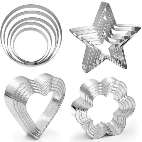 OUDQFCJ Juego de 20 moldes de acero inoxidable para galletas, moldes para galletas de Pascua, corazón, estrella, flor, redondo, pastelería, fondant, galletas, galletas, chocolate