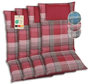 GO-DE Textil Bequeme und attraktive Polsterauflagen für Hochlehner-Gartenstühle (4er-Set, Karo rot, Hochlehner)