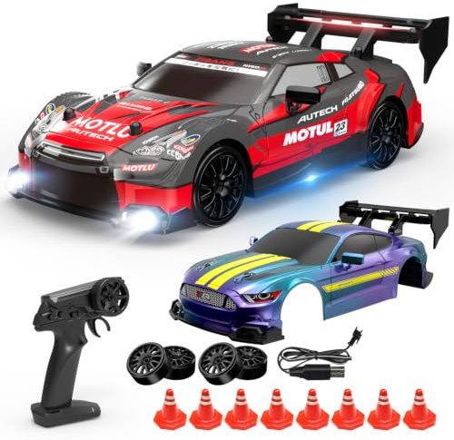 DEERC RC Driftbil 4WD 2.4GHz Höghastighets Fjärrstyrd Bil med 2 Karosser, LED-lampor, 2 Batterier (20 Min.) och Driftdäck, Racingleksak för Barn/Pojkar
