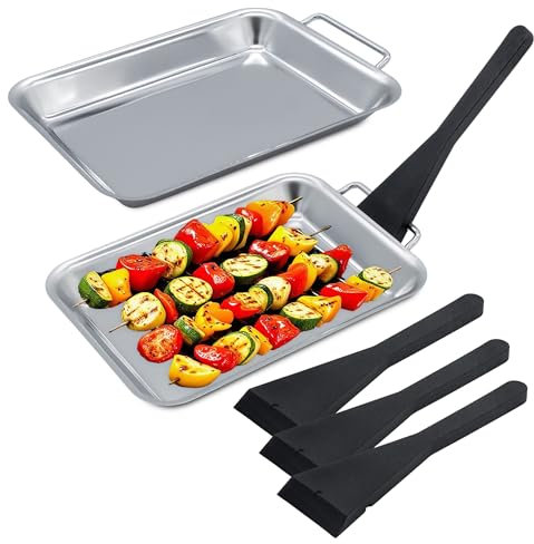 Edelstahl Grillpfännchen Set lebensmittelecht - 6-teilig - Metall Pfännche für den Grill mit Schaber - Grillpfanne Grillgeschirr Grillzubehör Servierpfännchen mit Spatel Griff für Käse Gemüse Fisch
