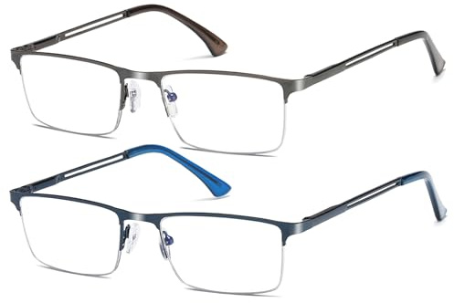 Fsread Halbe Rahmen Lesebrille für Herren Komfortable Robuste Leichtes Rechteckige Metallrahmen Blaulichtfilter Brille mit Federscharnier