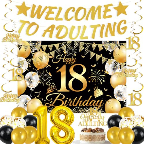 18th Birthday Party Decorations Set - 25 Pcs Black Gold Glitter Welcome to Adulting Banner, Backdrop & Number 18 Balloon for Adults Coming of Age Celebration, Graduation Favours Supplies Decor Gifts