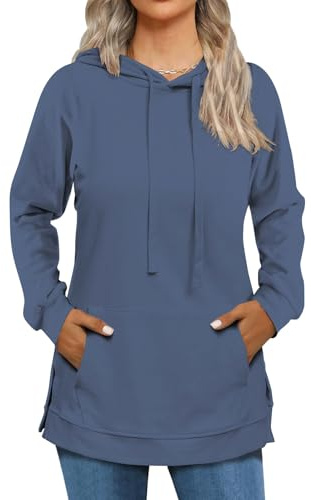 Cuptacc Sudaderas Mujer con Capucha Jersey Mujer con Bolsillo Sueter Manga Larga Invierno Otoño Moda Casual Gris Azulado XXL 50-52