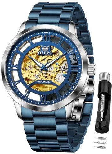 OLEVS Montre squelette mécanique automatique pour homme - En acier inoxydable - Étanche - Lumineuse, TN-G6728-Bleu, Bracelet