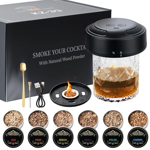 Yomshi Electric Whiskey Smoker Kit Built-in Colorful Ambient Lighting, Electronic Ignition Design, No Butane Needed, Rechargeable Cocktail Smoker Kit with 6 Wood Chips, Gifts for Men,Dad,Husband