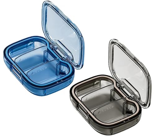 2 Stück Pillendose Klein für Unterwegs Tablettenbox-3 Fächer Morgens Mittags Abends Tablettenbox Klein enthält Medikamente, Vitamine, Fischöl (Blau + Grau)
