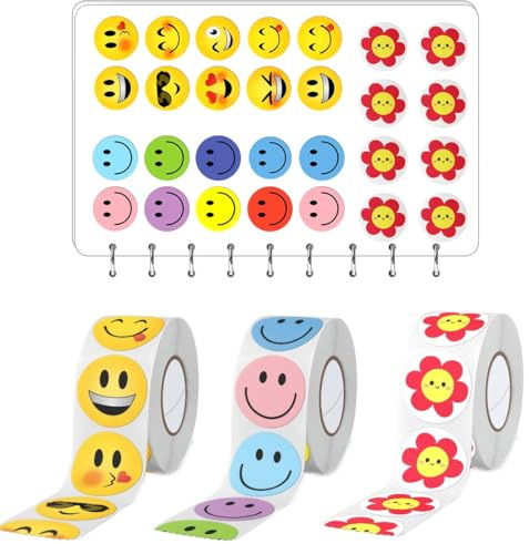 CEJAS 3 Rollen 1500 Stück Smiley Aufkleber, Smiley Sticker Runde 2,5cm, Belohnungs Sticker, Lehrer Belohnungssticker für Belohnungsaufkleber, Geschenkdekorationen, Partydekorationen