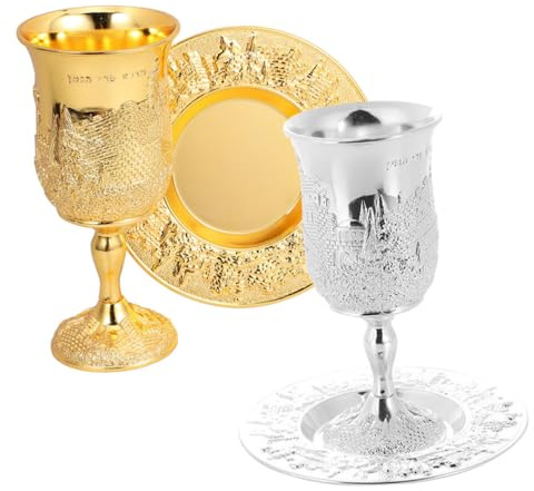 Gatuida 2 Set Calici Kiddush in Metallo con Piattino Inciso Bicchieri da Vino Gambe per Shabbos Passover Matrimoni e Celebrazioni Ebraiche Decorazione Judaica per Tavola Festiva