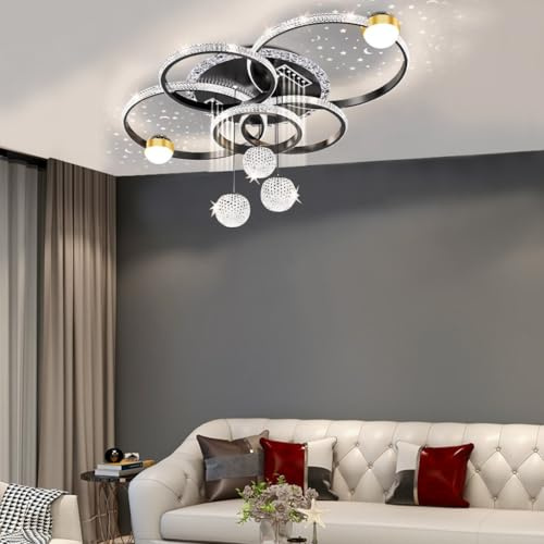 Trutipon Deckenleuchte Moderne Dachlampe LED Kristall Wohnzimmer Kronleuchter 110cm Kreative Fünf-Ring Fernbedienung Unlimited Dimmer Für Villa Schlafzimmer Und Restaurant Beleuchtung