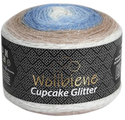 Cupcake Glitter Simli 150g Strickwolle 150 Gramm Wolle zum Stricken und Häkeln Babywolle türkische Wolle Farbverlaufswolle Glitzer (2510 beige blau weiß)