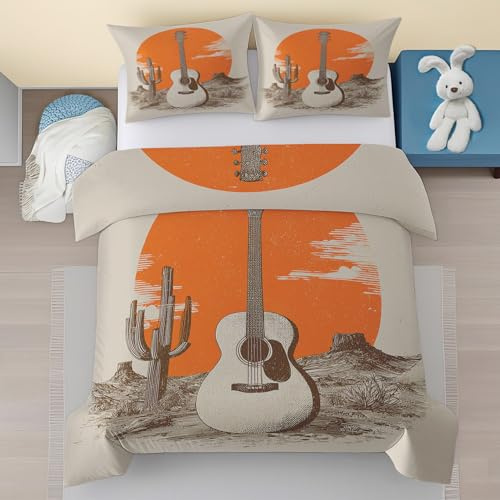 Guitar Duvet Cover Queen Size, Cactus Desert Pattern Bedding Set, Western Music Soft Microfiber Quilt Cover with Zipper Closure and 2 Pillowcases(3Pcs 229 x 229) U9iJ114