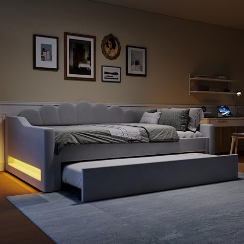 LinoraFurn Cama de día acolchada de 140 x 200 cm con cinturón LED y cama nido (gris)