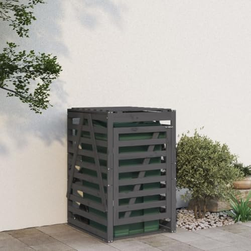 Mokuyary Abri pour Poubelle sur roulettes Gris Bois Massif de pin, Abri de Jardin Cache pour poubelles, Conteneur d'extérieur Coffre de Rangement