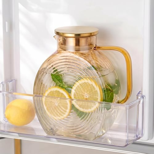 Nasxkji Vattenkaraff 2,5 l glaskaraff med lock för kylskåpsdörr platt glaskaraff med V-pip läckagesäker för varma och kalla drycker juice iste te mjölk kaffe champagne guld