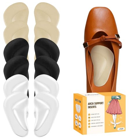 ZUCNANA Arch Support Inserts for Women Flat Feet (12 Pieces), Soft Gel Arch Support Insoles for Plantar Fasciitis, Reusable Arch Pads for Foot Pain Relief, One Size Fits Any