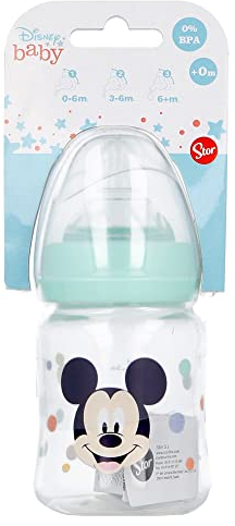Stor Biberon Bambini Disney Mickey Mouse da 150 ml, in plastica senza BPA, con tettarella in silicone, sistema anti-colica, lavabile e riutilizzabile