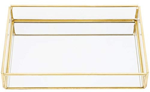 Gold Spiegel Tablett, Vintage Metall Glas Aufbewahrungsbox Gold Tablett Schmuck Kosmetik Display Boxen up Parfüm Organizer für Waschtisch, Kommode, Badezimmer, Schlafzimmer(Rectangular Trumpet)
