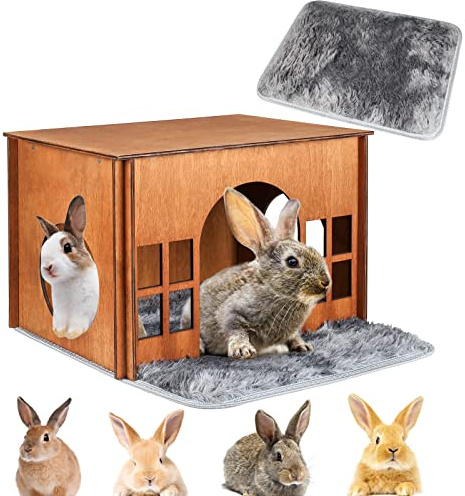 Large Rabbit Hideouts, Wooden Bunny House Rabbit Houses and Hideouts Habitat Castle for Indoor Bunnies, Guinea Pigs, Hamsters, Chinchillas