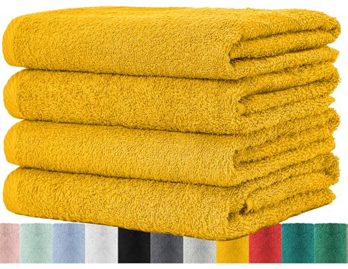 BaSaTex Frottee Handtuch, 4er Pack, 50x100cm, Mustard | 100% Baumwolle, Öko-Tex Made in Green, Aufhängeschlaufe, 400gm², langlebig & saugstark