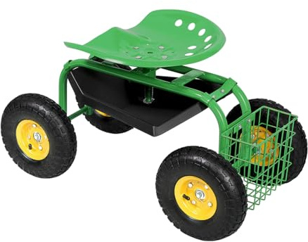 GOPLUS Siège de Jardin Roulant Pivotant à 360°, Panier de Rangement pour Outils, Tabouret et siège de Travail Extérieur, Hauteur Réglable, pour Jardinage et Plantation, Charge 150kg (Vert)