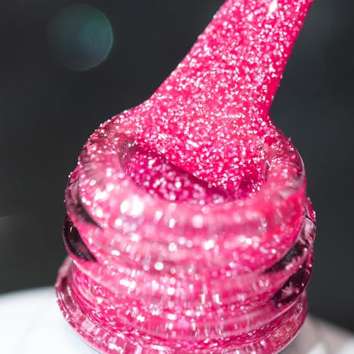 BURANO Hot Pink Reflective Glitter Gel Nail Polish, UV LED 7.3ml Sparkle Nail Polish Holographic Glitter Gel Curing Need for DIY Home S5