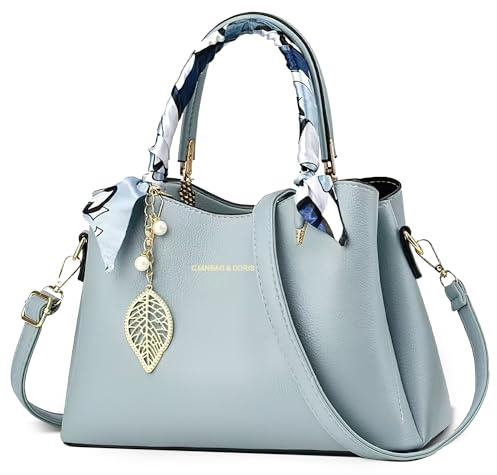 FOLOVEYA Damen Handtasche Elegant Umhängetasche Frauen Henkeltaschen mit Mode Blattanhänger Shopper Top-Griff Taschen Schultertasche PU Leder für Arbeiten Reisen Dating Tote Bag Blau Hellblau