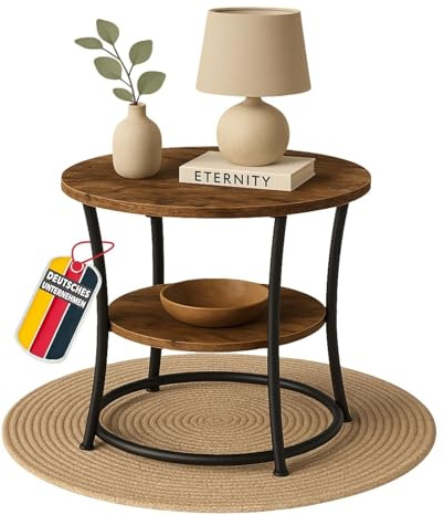 Coemo Beistelltisch Braun Tamy mit 2 Ebenen Ø 55 cm x 55 cm - Runde Form, Holzoptik & Metallrahmen - Metall Couchtisch - Schlafzimmer, Flur & Wohnzimmertisch - Coffee Table & Sofa Tisch