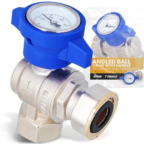 Instalguru Vanne À Sphére Boule 1 Femelle Bleu D'angle Robinet avec Thermomètre Soupape Laiton Étanchéité Renforcée 10 bar Chauffage EAu Sanitaire L'eau Potable