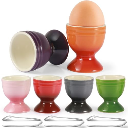 Mispudin Set of 6 Ceramic Egg Cups, Colourful Egg Cups Porcelain and 6 Spoons for Hard Soft Boiled, Ø 5cm x 6cm, Boiled Eggs Holder for Breakfast, Brunch, Dishwasher Safe