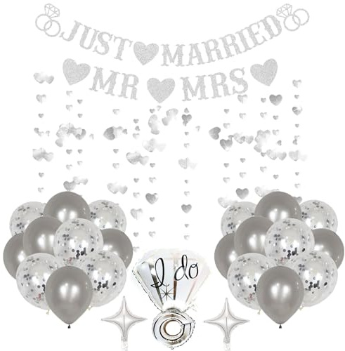 HAFRILY 26Pcs Just Married Decorations Set Just Married Silver Banner Sparkling Glitter Wedding Balloons for Wedding Banners and Decorations Silver Party Supplies