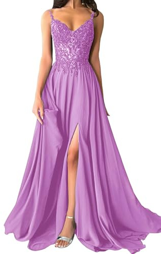 Damen Chiffon Ballkleider Spaghettiträger Spitzenapplikationen Abendkleider Elegant für Hochzeit A-Linie Ballkleid mit Schlitz