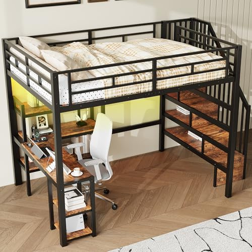 Xwiny Kinderbett 140x200 cm mit LED-Beleuchtung und USB-Ladestation, Hochbett mit Treppe Stauraum und Schreibtisch, Stauraumbett mit Dreistöckiges Regal, Schwarz(Ohne Matratze)