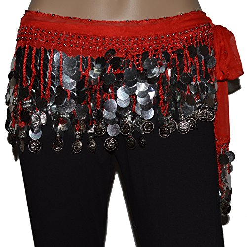 Bauchtanz Chiffon-Hüfttuch Holopailletten Münztuch Tanztuch Belly Dance Münzgürtel Karneval (rot-Silber)
