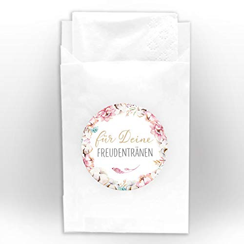 JuNa-Experten 25 Aufkleber für Deine Freudentränen + 25 Tüten/weiß für Hochzeit, Taufe/Aufkleber für Taschentuchtüten/romantische Sticker für Geschenkverpüackung Taschentuchverpackung Blumen