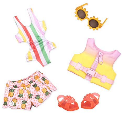 Glitter Girls - Hell wie die Sonne! - Glitter Girls Puppenkleidung - Badeanzug-Outfit - Sonnenbrille, Schwimmweste, Shorts - Strand-Accessoires - 3 Jahre +