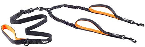 Floxik Doppelleine Komplett-Set klein | Flexible, reflektierende Premium Hundeleine für Zwei Hunde zum Koppeln mit Kurzhalter Schwarz
