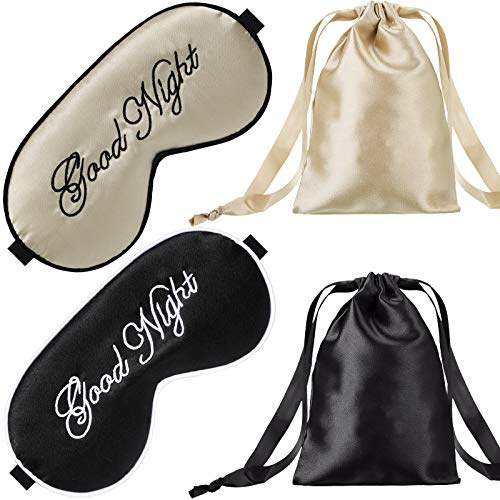 2 Stücke Seiden Schlafmaske Augen Abdeckung Leicht Einstellbare Augenschirme Maske Satin Schlafen Augen Blinder Nacht Lidschatten Abdeckung mit 2 Stücke Aufbewahrungsbeutel (Beige, Schwarz)