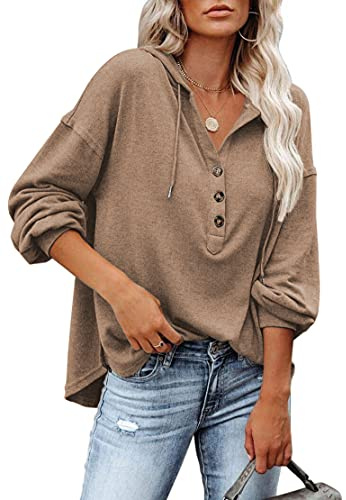 PLOKNRD Kapuzenpullover Damen Langarm Knöpfen Pullover mit Kordelzug Freizeit V-Ausschnitt Hooded Henley Sweatshirt Klassisch(Khaki, 2XL)