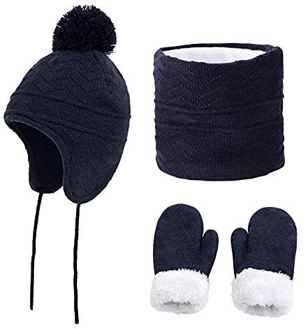 Ensemble De 3 Pièces JFAN Motif Vague De Diamant Chapeau D'hiver Pour Enfant - Chapeau Chaud, Gants, Écharpe - Marine