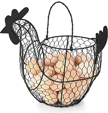 Flexzion Small Wire Egg Collecting Basket with Handle for Eggs, Fruits, Vegetables - Rustic Style Decor for Kitchen Countertop, Brown